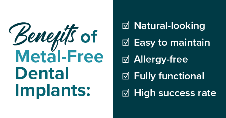 Benefits of Non-Metal Dental Implants: Natural-looking, Easy to maintain, Allergy-free, Fully functional, High success rate